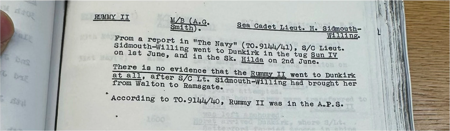 Orde report entry stating there was no evidence that Rummy II went to Dunkirk