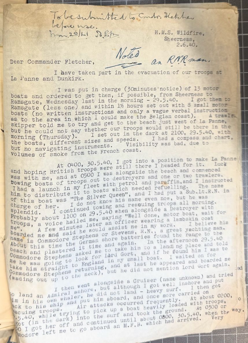 Original page 1 of Lt. R. N. Irving’s La Panne and Dunkirk launch account, dated 2 June 1940.